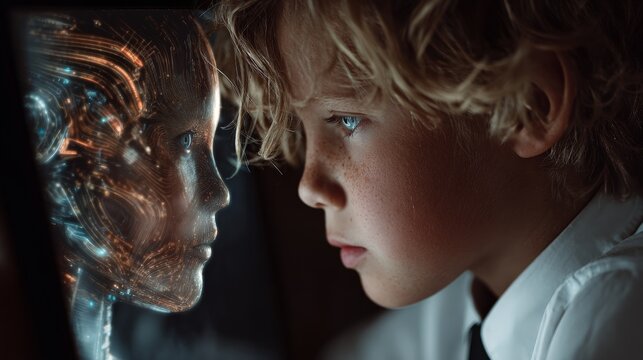 A young boy's profound connection with a shimmering futuristic artificial intelligence projection