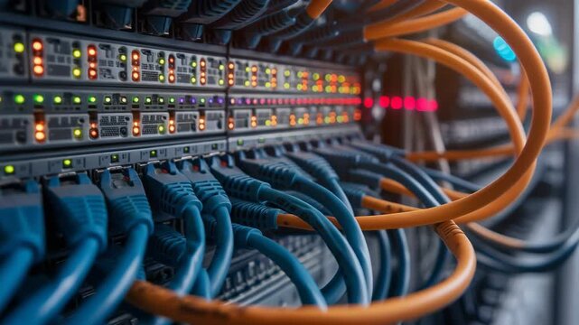 High-tech data center with network cables and server lights glowing brightly