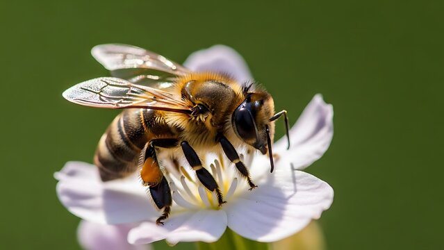 Detailed Macro of a Honeybee with a Full Orange Pollen Basket on a Pale Flower.