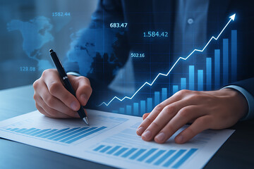 Financial analyst reviewing statistics writing notes with holographic growth graphs representing corporate investment strategy and global data