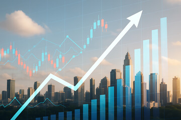 Financial success represented by rising chart and business growth graph over modern city skyline background