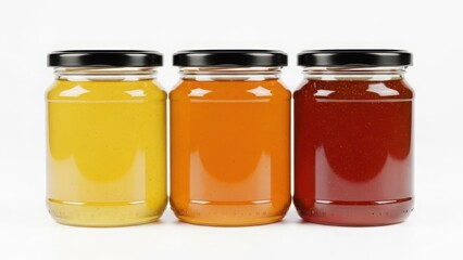 Three glass jars filled with colorful preserves: yellow, orange, and red, against a white background.