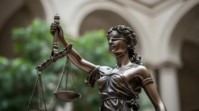 Bronze statue of lady justice holding scales in her hand in front of building