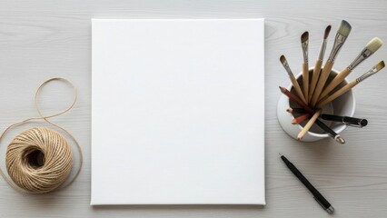 A blank canvas and art supplies are neatly arranged on a wooden surface, ready for creation.
