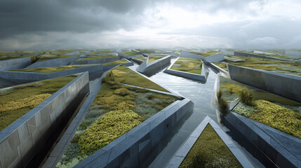 A future-ready roofscape with integrated rainwater harvesting channels and lush moss garden strips. Future roofscape with integrated rainwater channels, moss-garden strips, reflective surfaces, climat