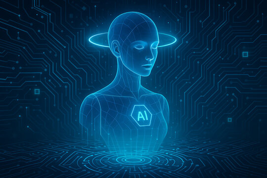 Futuristic artificial intelligence concept with holographic female humanoid design digital network background and advanced technology representation - Powered by Adobe