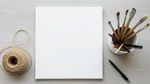 A blank canvas and art supplies are neatly arranged on a wooden surface, ready for creation.