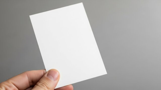 A hand holding a blank white card against a plain grey background, suggesting space for text or design