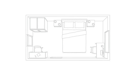 Top-down floor plan of a bedroom with a double bed and a desk