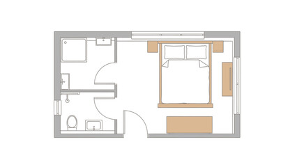 Top-down floor plan of a studio apartment with bathroom