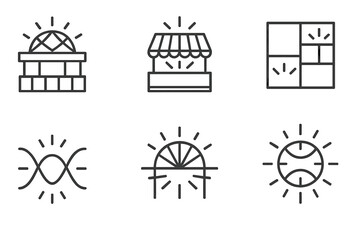 Radiant Destiny Icons. Line vector icons of radiant destiny structures: luminous market nodes, glowing fate stalls, radiant booth