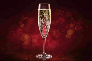 A champagne flute filled with bubbling liquid on a red bokeh background