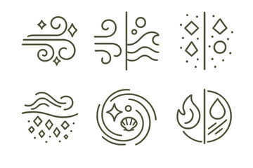 Elemental Wonder Icons. Line style icons of elemental boundary of wonders: gust patterns intersecting rare symbols, air and water