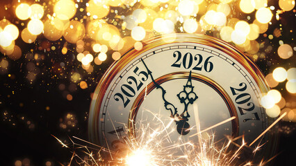 New Year 2026 midnight countdown on a vintage clock face with sparklers and golden bokeh...