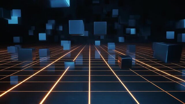 Futuristic 3D digital space with floating cubes and glowing grid design for tech visuals