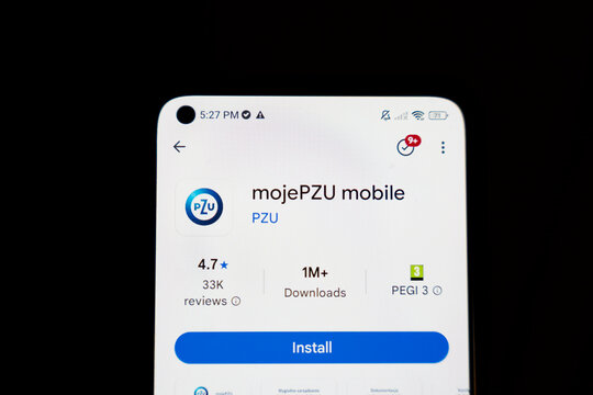 Warsaw, Poland - Dec 4, 2025: A mobile application screen showcasing the mojePZU mobile app interface, highlighting user ratings and download statistics for potential users.