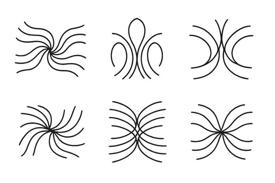 Harmonious Line Convergence. Line style icons of convergent gentle motion: rhythmic lines folding into center, soothing arcs