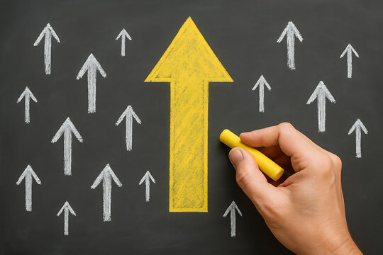 Growth direction concept with chalk illustration of multiple arrows pointing upward symbolizing business improvement progress success opportunity