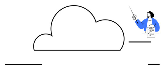 Person holding a document and pointing with a stick beside a large cloud. Ideal for data storage, cloud computing, education, presentations, online learning, networking, technology. Simple flat