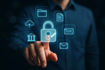 Hologram lock security concept with businessman hand pressing digital interface controlling cyber privacy protection of sensitive data