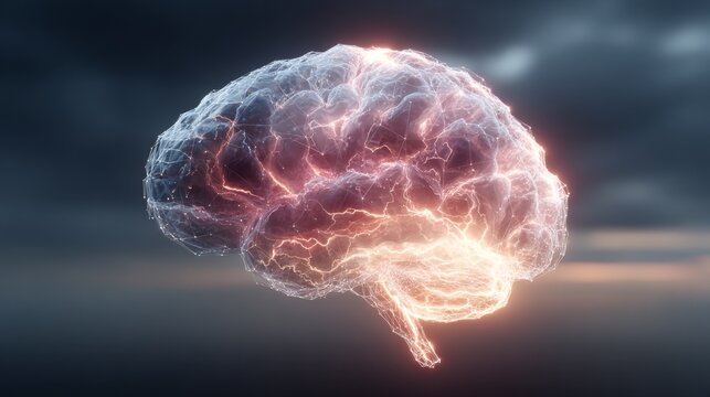 Digital brain illustration representing artificial intelligence data processing and human thought connections - Powered by Adobe