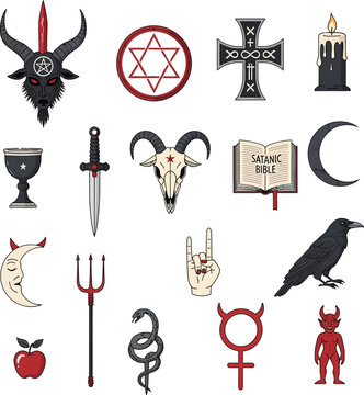Collection of scary satanic and occultism symbols with baphomet pentagram and ritual items for dark black magic witchcraft and evil halloween religion design sets.