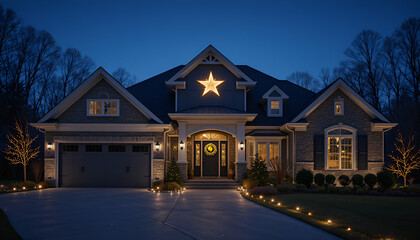 Beautiful home decorated with christmas lights and a star at night during the holiday season