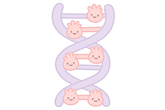 Playful DNA Helix. A playful DNA helix with tiny smiling coral patterns, soft rounded doodle style, pastel pink and purple palette
