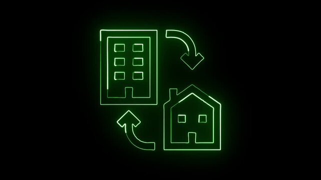 Glowing neon line hybrid work icon with dynamic split-screen animation. Workplace collaboration animation HD video isolated on black background.