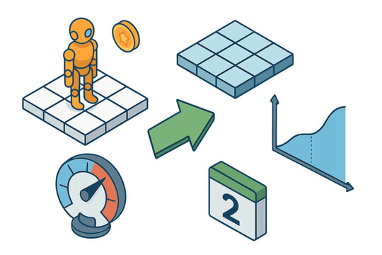 Robotics AI Isometric Icons. Isometric vector illustration set Robotics and AI &ndash; Reinforcement learning: agent icon, environment
