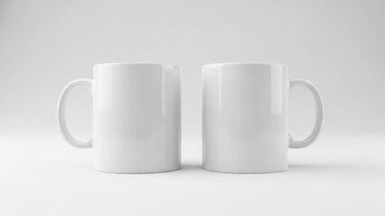 Fototapeta premium Two blank white ceramic mugs side by side on a white background, ready for custom design