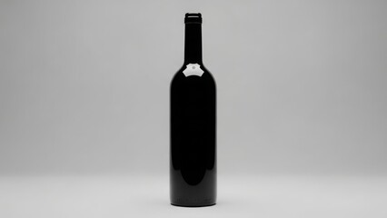 A sleek, empty black wine bottle stands in isolation against a neutral gray background
