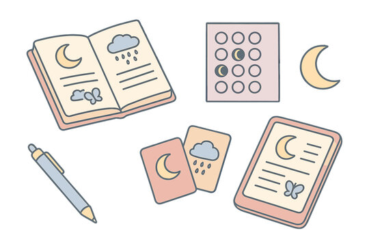 Dream Symbols Illustration. Isometric vector illustration set of dream pattern documentation: journal open with sketches,