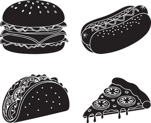 Black and white icons of popular fast food items