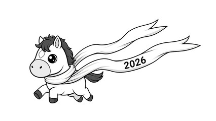Whimsical black and white pony illustration, a cheerful emblem for the upcoming year 2026, gracefully carrying a celebratory scroll of time, ideal for marking future milestones and joyous occasions