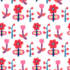 Whimsical pink flowers seamless pattern