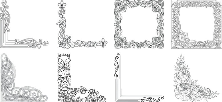 Collection of ornate floral frame and corner designs in black and white isolated on transparent background