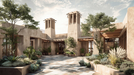 A climate-adaptive courtyard home with passive cooling towers, shaded structures, and drought-friendly landscaping. Climate-adaptive courtyard home with wind-catcher towers, shaded colonnades, cool st