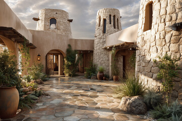 A climate-adaptive courtyard home with passive cooling towers, shaded structures, and drought-friendly landscaping. Climate-adaptive courtyard home with wind-catcher towers, shaded colonnades, cool st