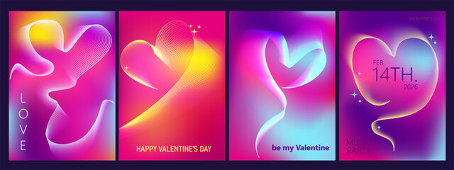Valentine's day posters, covers, cards set. Line art hearts. Heart-shaped curves. Brutalist style gradient line heart. 