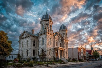 Naklejka premium Historic courthouse under evening sky
