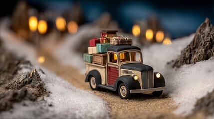 Fototapeta premium Vintage toy truck carries colorful gifts along a snowy mountain path