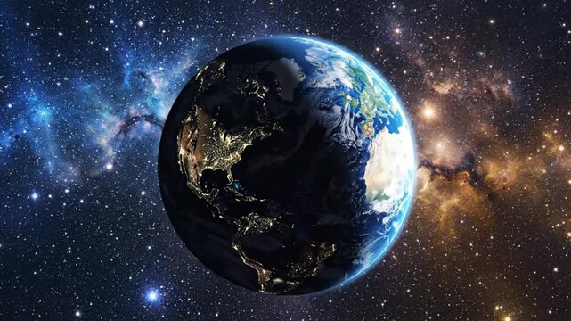 Planet Earth rotating in the vast expanse of the universe, showcasing continents and celestial bodies