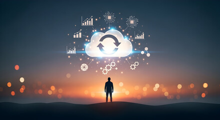 Man Standing Under Digital Cloud with Data Analytics and Connectivity.