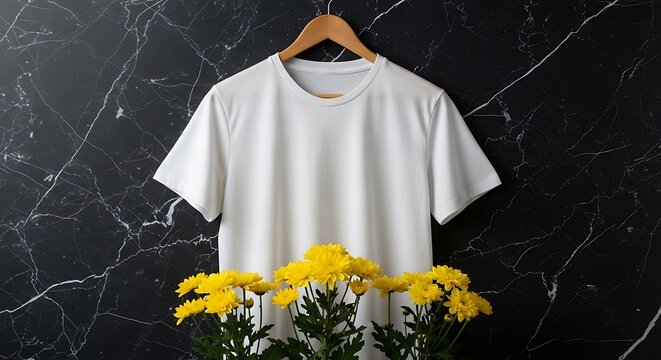Stylish white tshirt mockup on a wooden hanger, set against a sophisticated black marble wall with bright yellow chrysanthemum flowers - Powered by Adobe
