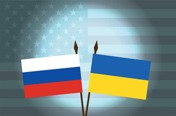 Vector Illustration of Russian and Ukrainian Flags with American Flag in Background — Concept of Peaceful Negotiation