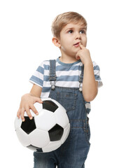 Thoughtful little boy with soccer ball on white background