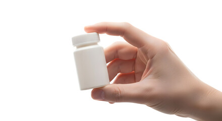 Hand Holding a White Pill Bottle on White Background
