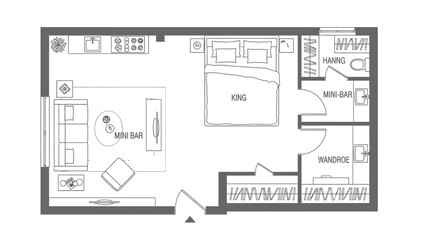 Studio apartment floor plan with furniture layout vector