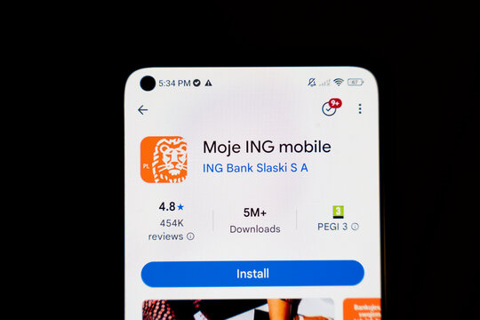 Warsaw, Poland - Dec 4, 2025: Mobile app interface displaying Moje ING mobile by ING Bank Slaski S A with rating and download details on a smartphone screen.